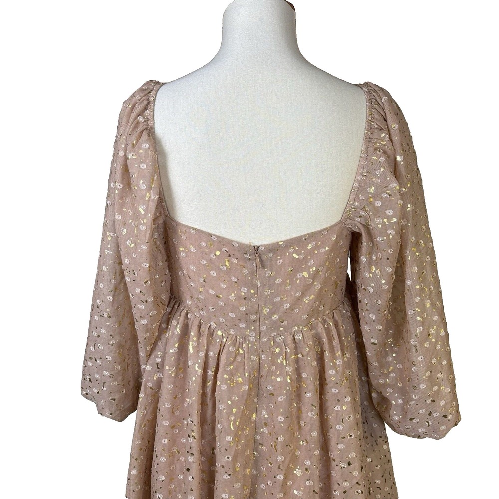 Storia Anthropologie Womens Dress Sz S Metallic‎ Babydoll Mini Puff Sleeve - Picture 7 of 11